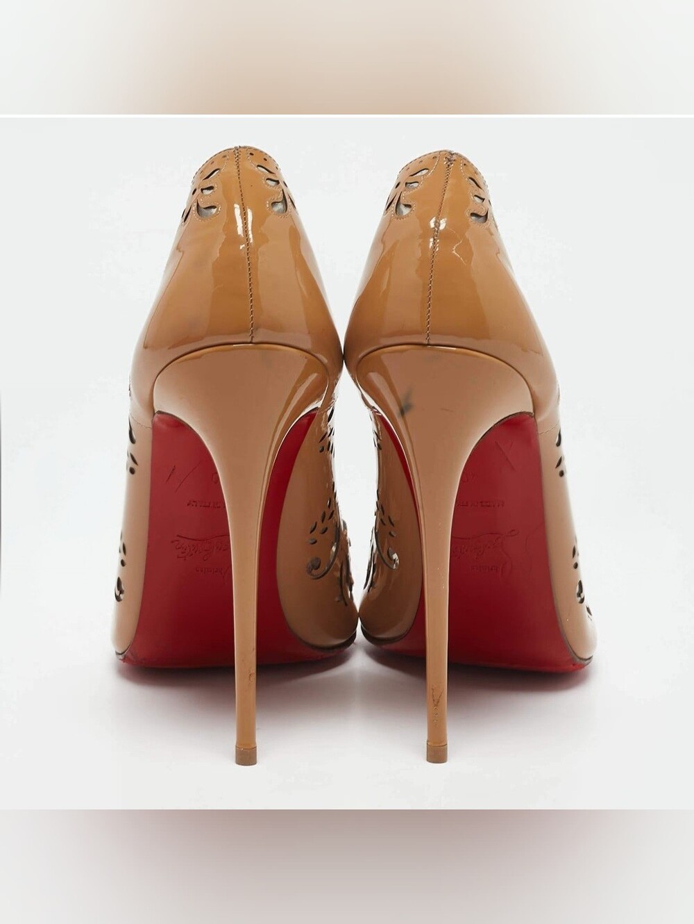 Christian Louboutin Tan Laser-Cut Lace-Up Patent Pointed-Toe Pumps - Picture 5 of 9